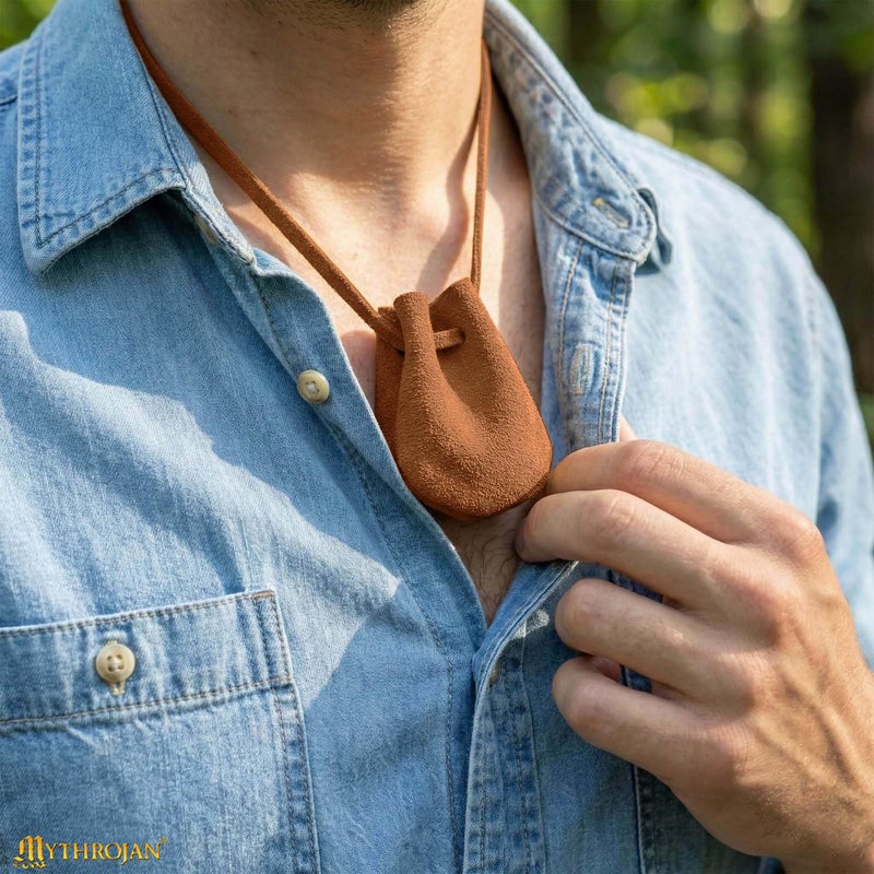 Mythrojan Small Trinket Pouches Suede Leather Drawstring Coin & Dice Bags for LARP, SCA, Viking & Medieval Events (Brown - Pack of 2) - Image 4